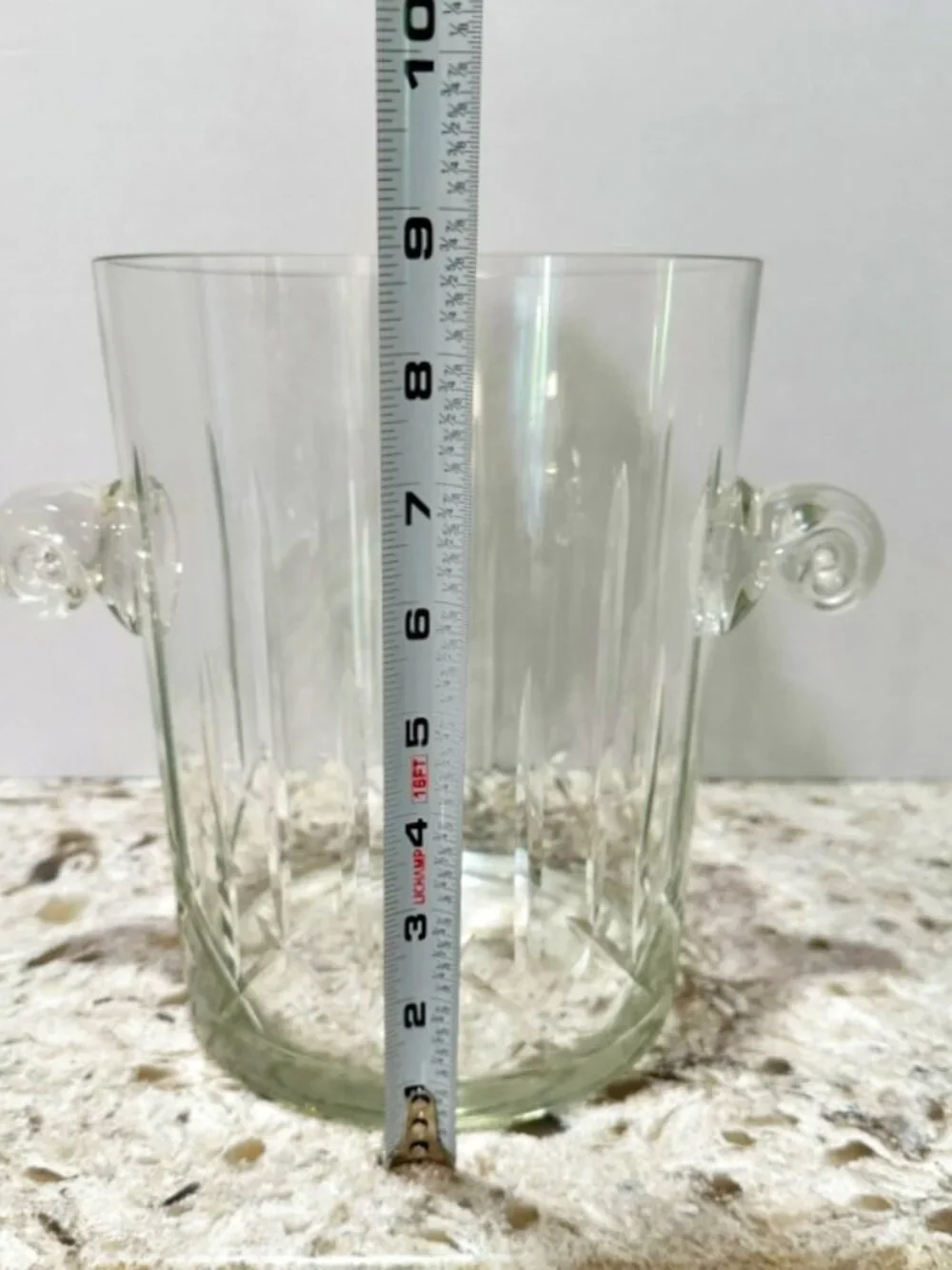 VTG Vertical Cut Glass Ice Bucket Wine Cooler Applied Scroll Handles 9